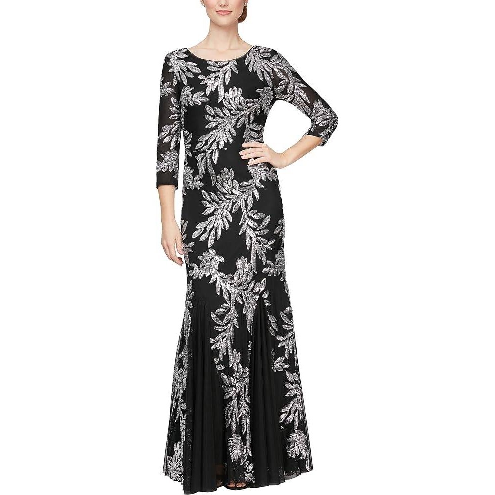 Alex Evenings Women's Long Sequin Gown Dresses 3/4 Sleeve Black Sz 6 Fit & Flare